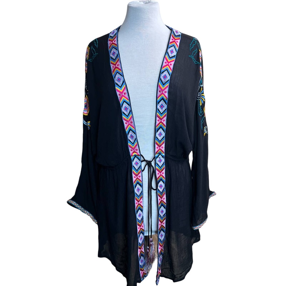 GB Womens M Black Viscose Floral Embroidered Tie Front‎ Kimono Wrap